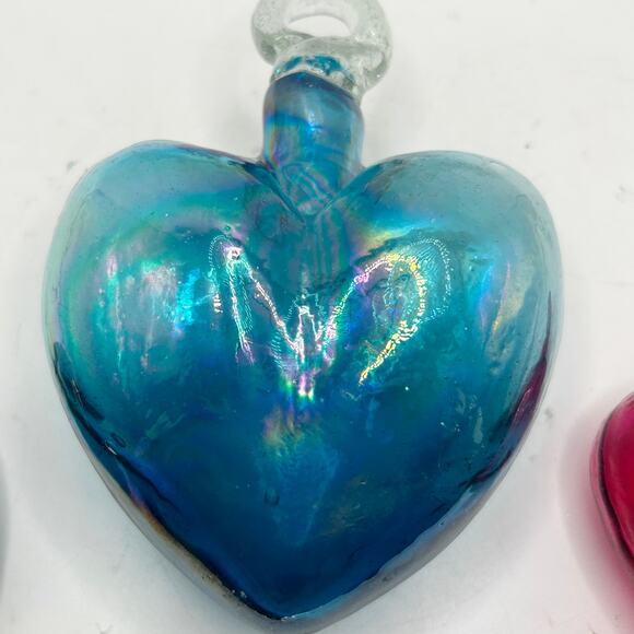 Hand Blown Mexican Glass Hearts Ornaments Iridescent Blue, Amethyst, Ruby Red - Picture 3 of 7